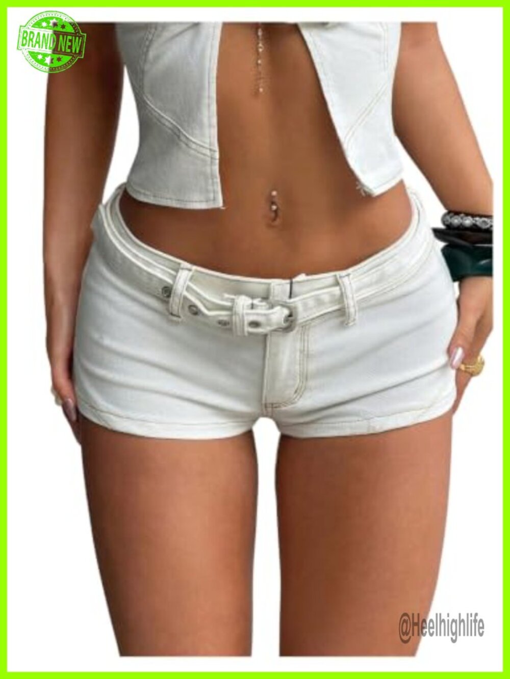 Women's Low Rise Micro Denim Booty Shorts with Belted Grommet Eyelet Buckle